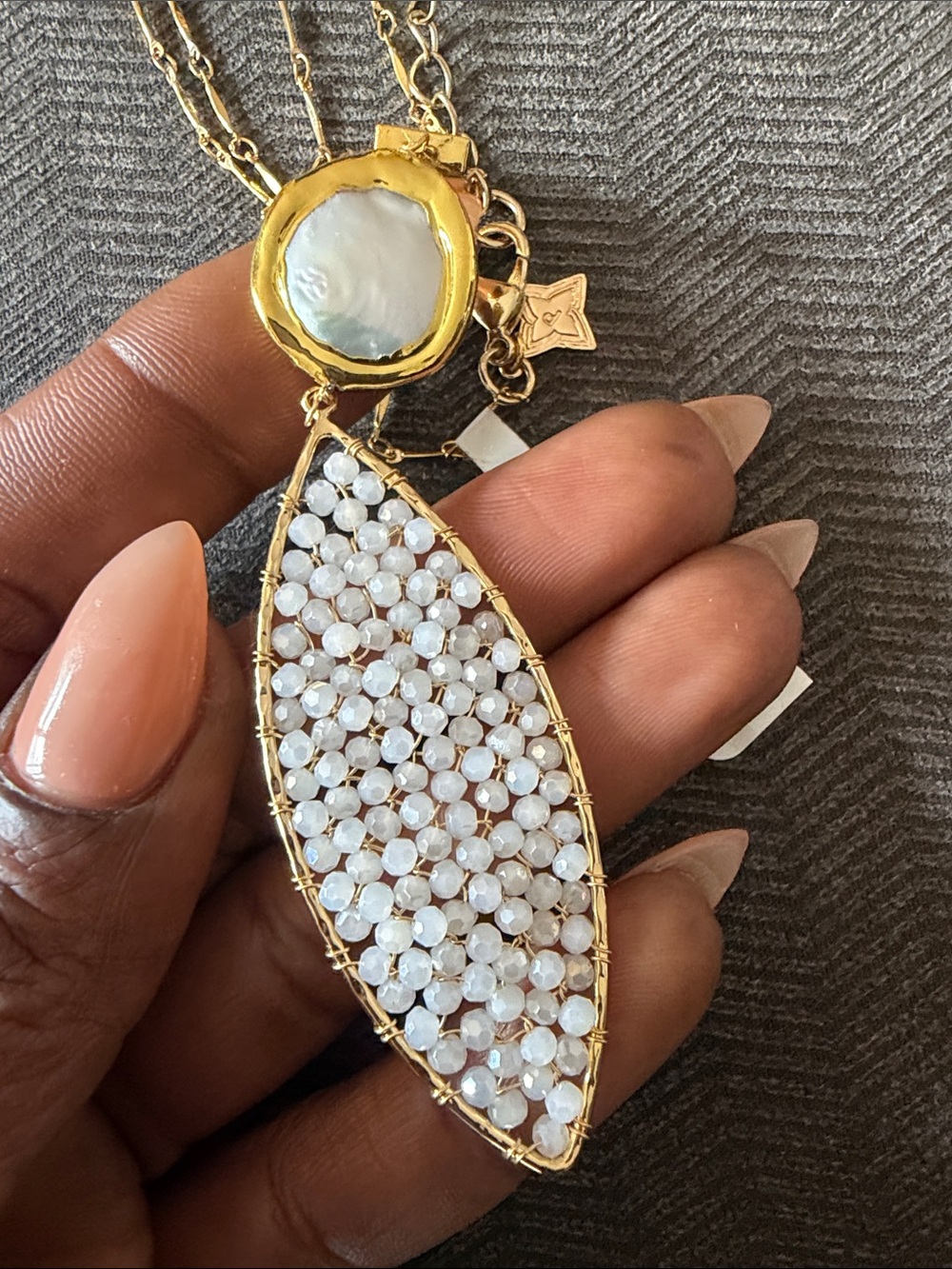 Gold and White Crystal Pendant Necklace - Women Jewelry